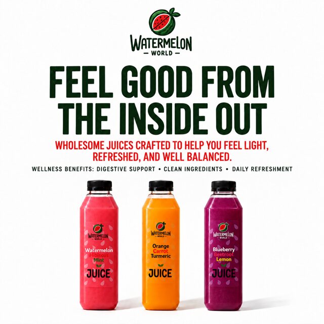 Campaign artwork featuring concept bottles: Watermelon Hibiscus Mint, Orange Carrot Turmeric and Blueberry Beetroot Lemon
