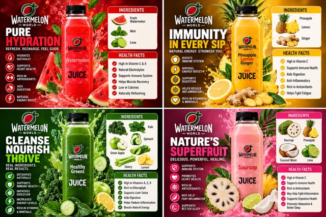 Four-panel campaign artwork for Watermelon, Pineapple Lemon Ginger, Healthy Greens and Soursop