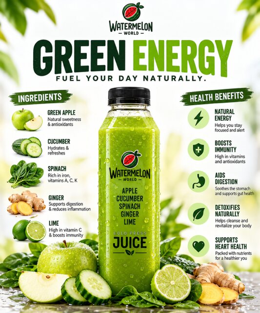 Green Energy poster artwork featuring a green cold press juice with apple, cucumber and spinach