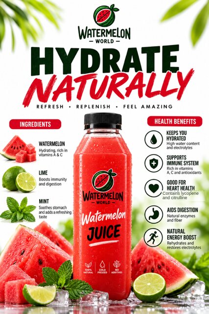 Hydrate Naturally poster artwork featuring watermelon juice with lime and mint