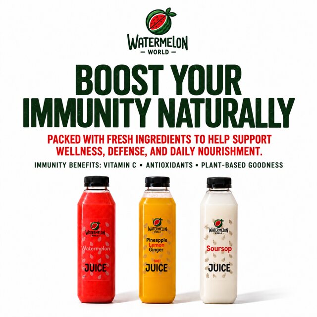 Immunity campaign artwork showing Watermelon, Pineapple Lemon Ginger and Soursop bottles