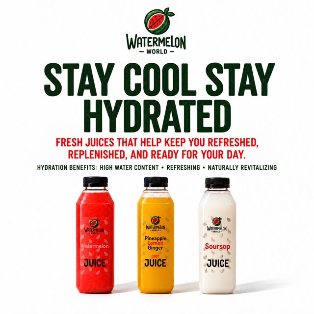Watermelon, Pineapple Lemon Ginger and Soursop bottles under the line: stay cool, stay hydrated.