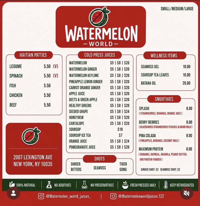 The in-store menu board listing juices, smoothies, shots, wellness items and Haitian patties