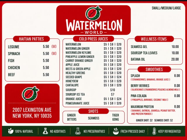 The Watermelon World Juices menu board from 2007 Lexington Ave, listing Haitian patties, cold press juices, shots, wellness items and smoothies with prices.
