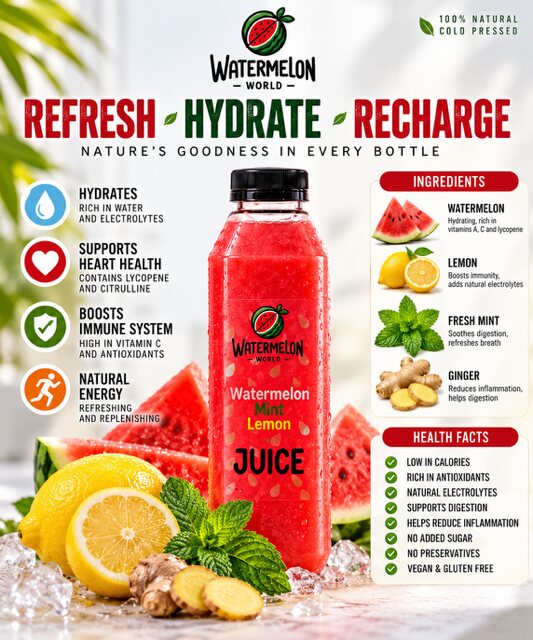 Refresh Hydrate Recharge poster artwork featuring a Watermelon Mint Lemon concept bottle