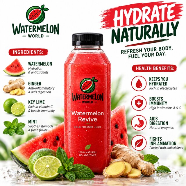 Hydrate Naturally poster artwork featuring a Watermelon Revive concept bottle